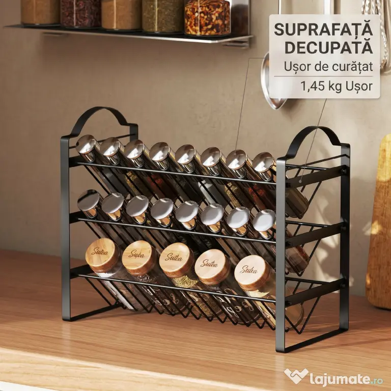 HOMCOM Suport pentru Condimente de Bucătărie cu 3 Nivele, Organizator Salvaspațiu cu Rafturi Înclinate din Metal, Montaj Ușor, Negru | Aosom Romania