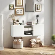 HOMCOM Mobilier Porta TV până la 55", Mobilier TV Suspendat sau pe Podea de 120 cm cu Uși Soft Close, Orificiu pentru Cabluri și Raft din Sticlă, pentru Sufragerie și Salon, Alb Efect Lemn | Aosom Romania