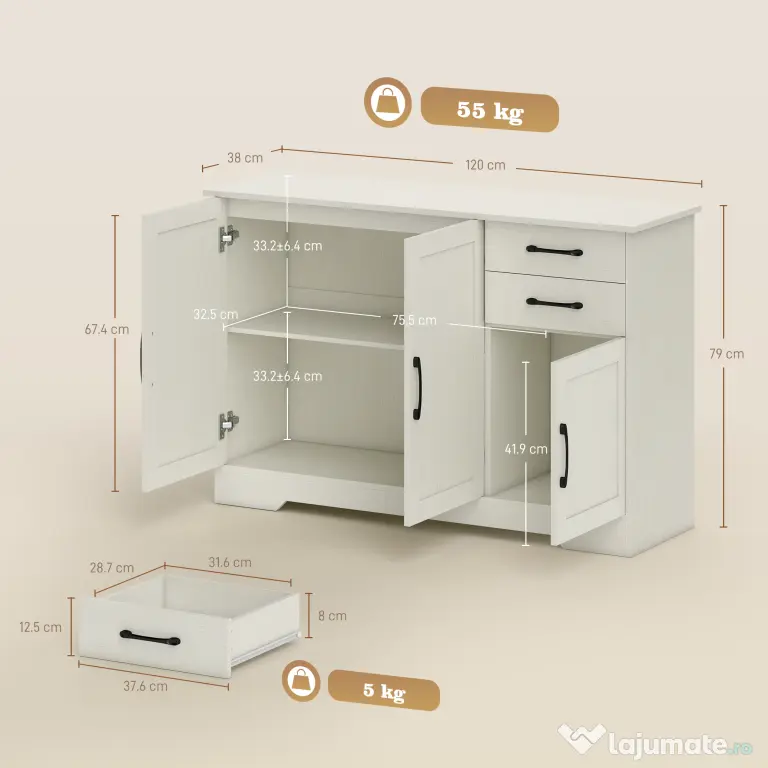 HOMCOM Mobilier bucătărie cu 2 sertare și 3 dulapuri, polițe reglabile, 120x38x79 cm, crem | Aosom Romania