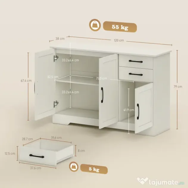 HOMCOM Mobilier bucătărie cu 2 sertare și 3 dulapuri, polițe reglabile, 120x38x79 cm, crem | Aosom Romania