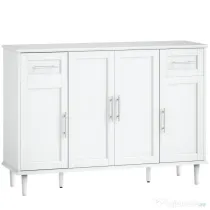 HOMCOM Mobilier de Sufragerie, Credență cu 2 Sertare și 3 Dulapuri cu Rafturi Reglabile, Comodă cu Picioare din Pin pentru Sala de Mese și Bucătărie, 120x38x86 cm, Alb | Aosom Romania