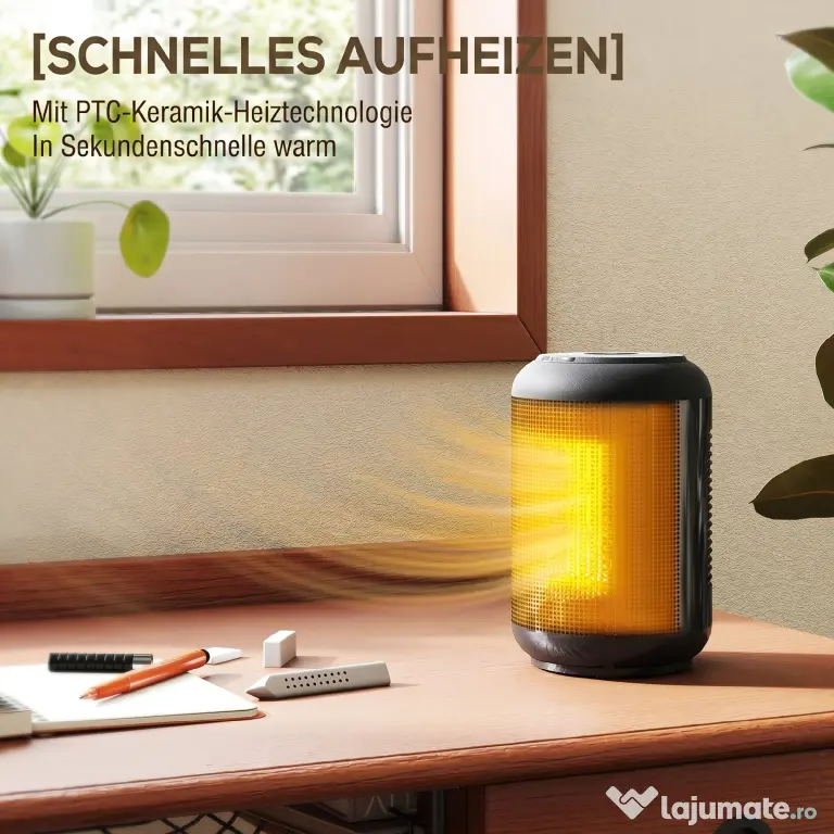 HOMCOM Încălzitor electric reglabil cu 3 moduri și timer 24h, din PP și PA ignifug, 14x14x21,5 cm, negru