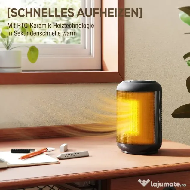 HOMCOM Încălzitor electric reglabil cu 3 moduri și timer 24h, din PP și PA ignifug, 14x14x21,5 cm, negru