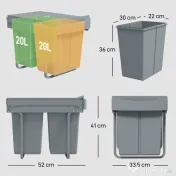HOMCOM Coș de gunoi retractabil sub chiuvetă, 2 găleți de 20L, Gri | Aosom Romania