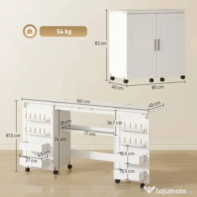HOMCOM Masă de Cusut Pliabilă cu Roți cu Blocare, Rafturi și 20 de Suporturi | Aosom Romania