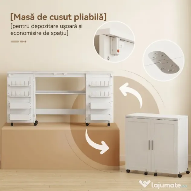 HOMCOM Masă de Cusut Pliabilă cu Roți cu Blocare, Rafturi și 20 de Suporturi | Aosom Romania