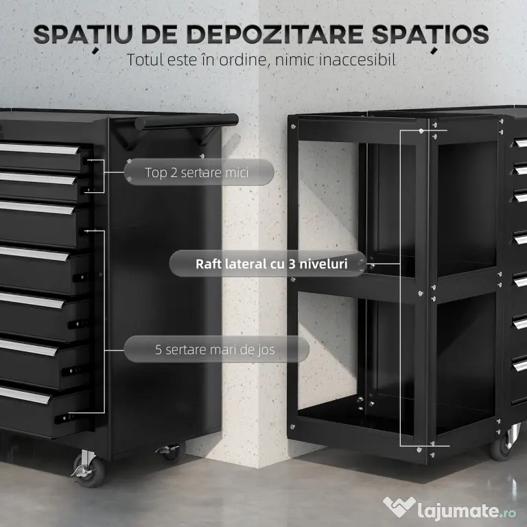 HOMCOM Cărucior pentru Unelte din Oțel cu 7 Sertare, Poliță Laterală Detașabilă, Roți, Capacitate 120kg, Negru | Aosom Romania