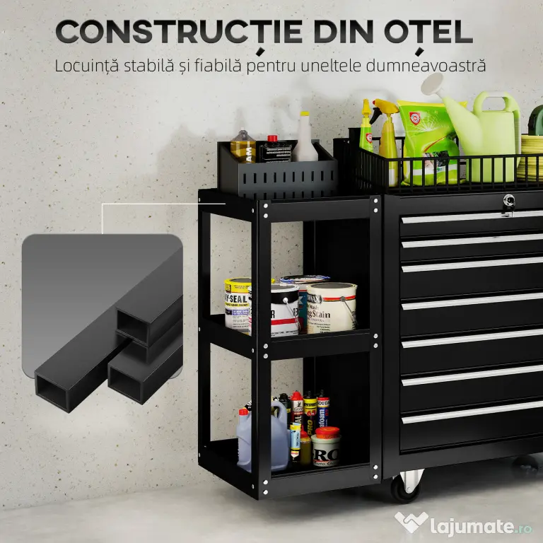 HOMCOM Cărucior pentru Unelte din Oțel cu 7 Sertare, Poliță Laterală Detașabilă, Roți, Capacitate 120kg, Negru | Aosom Romania