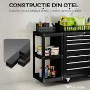 HOMCOM Cărucior pentru Unelte din Oțel cu 7 Sertare, Poliță Laterală Detașabilă, Roți, Capacitate 120kg, Negru | Aosom Romania