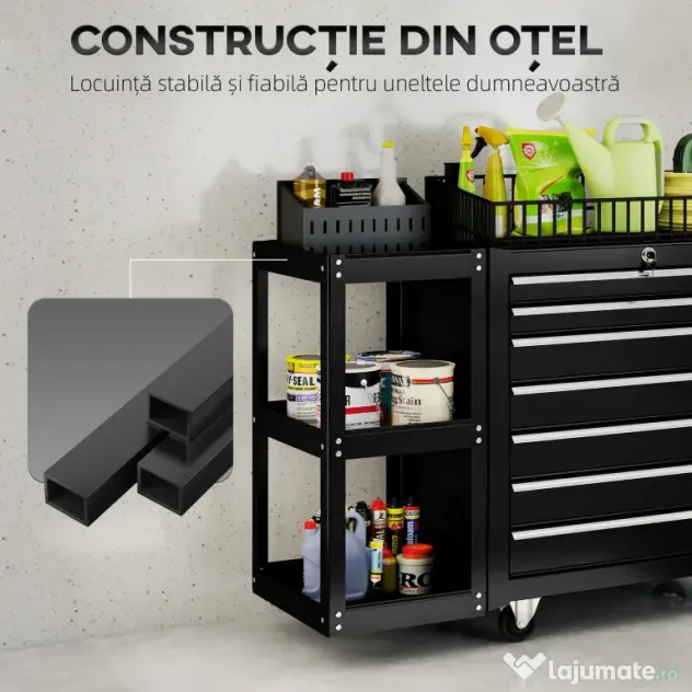 HOMCOM Cărucior pentru Unelte din Oțel cu 7 Sertare, Poliță Laterală Detașabilă, Roți, Capacitate 120kg, Negru | Aosom Romania