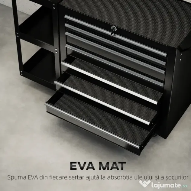 HOMCOM Cărucior pentru Unelte din Oțel cu 7 Sertare, Poliță Laterală Detașabilă, Roți, Capacitate 120kg, Negru | Aosom Romania