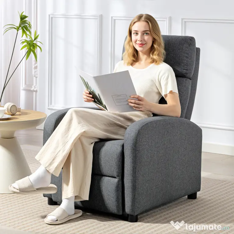 HOMCOM Fotoliu Relax și Reclinabil la 135° cu Suport de Picioare în Material Textil, 69x87x100.5 cm, Gri | Aosom Romania