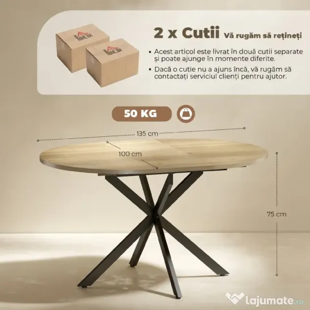 HOMCOM Extendable Dining Table for 4-6, 100-135 cm Industrial Kitchen Table with Butterfly Leaf and X-Shape Base, Round to Oval for Dining Room, Living Room, Natural Wood Finish | Aosom Romania