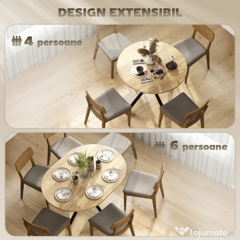 HOMCOM Extendable Dining Table for 4-6, 100-135 cm Industrial Kitchen Table with Butterfly Leaf and X-Shape Base, Round to Oval for Dining Room, Living Room, Natural Wood Finish | Aosom Romania
