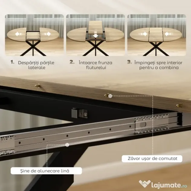 HOMCOM Extendable Dining Table for 4-6, 100-135 cm Industrial Kitchen Table with Butterfly Leaf and X-Shape Base, Round to Oval for Dining Room, Living Room, Natural Wood Finish | Aosom Romania