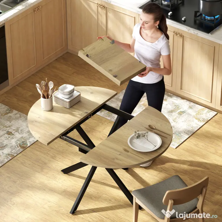 HOMCOM Extendable Dining Table for 4-6, 100-135 cm Industrial Kitchen Table with Butterfly Leaf and X-Shape Base, Round to Oval for Dining Room, Living Room, Natural Wood Finish | Aosom Romania