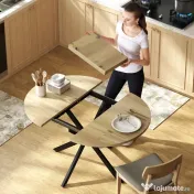 HOMCOM Extendable Dining Table for 4-6, 100-135 cm Industrial Kitchen Table with Butterfly Leaf and X-Shape Base, Round to Oval for Dining Room, Living Room, Natural Wood Finish | Aosom Romania