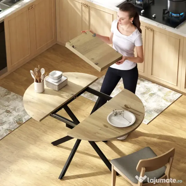 HOMCOM Extendable Dining Table for 4-6, 100-135 cm Industrial Kitchen Table with Butterfly Leaf and X-Shape Base, Round to Oval for Dining Room, Living Room, Natural Wood Finish | Aosom Romania