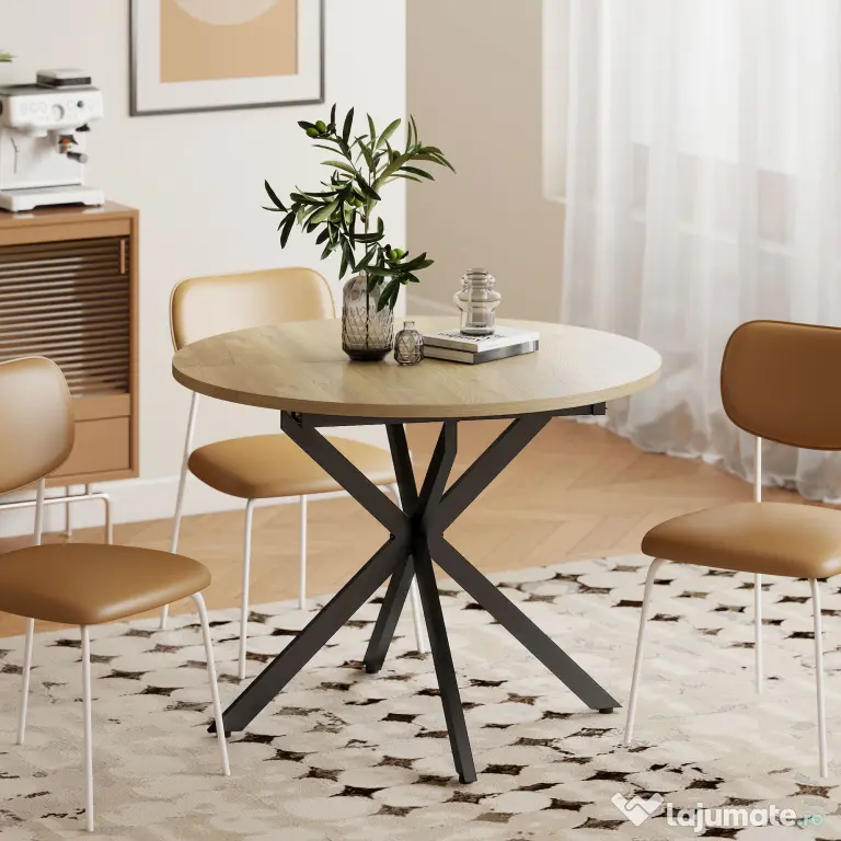 HOMCOM Extendable Dining Table for 4-6, 100-135 cm Industrial Kitchen Table with Butterfly Leaf and X-Shape Base, Round to Oval for Dining Room, Living Room, Natural Wood Finish | Aosom Romania