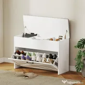 HOMCOM Bancă Pantofar de Intrare, Pantofar cu Săriță Capitonată Lavabilă, Antă Rabatabilă, Compartiment cu Închidere Lentă, Rafturi Reglabile, pentru 8 Perechi de Pantofi, Hol Coridor Cameră, Alb | Aosom Romania