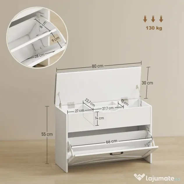 HOMCOM Bancă Pantofar de Intrare, Pantofar cu Săriță Capitonată Lavabilă, Antă Rabatabilă, Compartiment cu Închidere Lentă, Rafturi Reglabile, pentru 8 Perechi de Pantofi, Hol Coridor Cameră, Alb | Aosom Romania