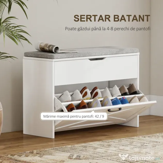 HOMCOM Bancă Pantofar de Intrare, Pantofar cu Săriță Capitonată Lavabilă, Antă Rabatabilă, Compartiment cu Închidere Lentă, Rafturi Reglabile, pentru 8 Perechi de Pantofi, Hol Coridor Cameră, Alb | Aosom Romania