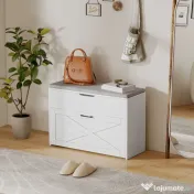 HOMCOM Bancă Pantofar de Intrare, Pantofar cu Săriță Capitonată Lavabilă, Antă Rabatabilă, Compartiment cu Închidere Lentă, Rafturi Reglabile, pentru 8 Perechi de Pantofi, Hol Coridor Cameră, Alb | Aosom Romania