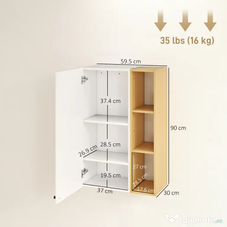 HOMCOM Dulap de Baie Suspendat cu Uși Soft Close, Dulap de Baie Suspendat cu Rafturi Reglabile și 3 Rafturi Deschise, 59.5x30x90 cm, Alb și Culoare Lemn | Aosom Romania