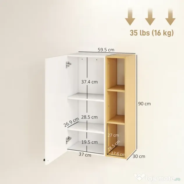 HOMCOM Dulap de Baie Suspendat cu Uși Soft Close, Dulap de Baie Suspendat cu Rafturi Reglabile și 3 Rafturi Deschise, 59.5x30x90 cm, Alb și Culoare Lemn | Aosom Romania