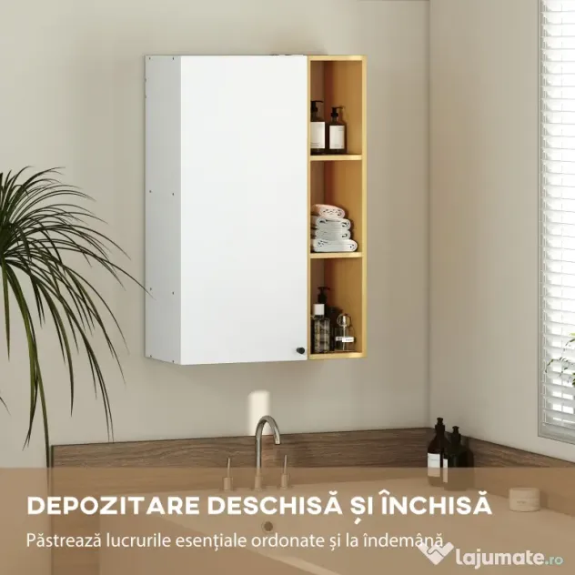 HOMCOM Dulap de Baie Suspendat cu Uși Soft Close, Dulap de Baie Suspendat cu Rafturi Reglabile și 3 Rafturi Deschise, 59.5x30x90 cm, Alb și Culoare Lemn | Aosom Romania