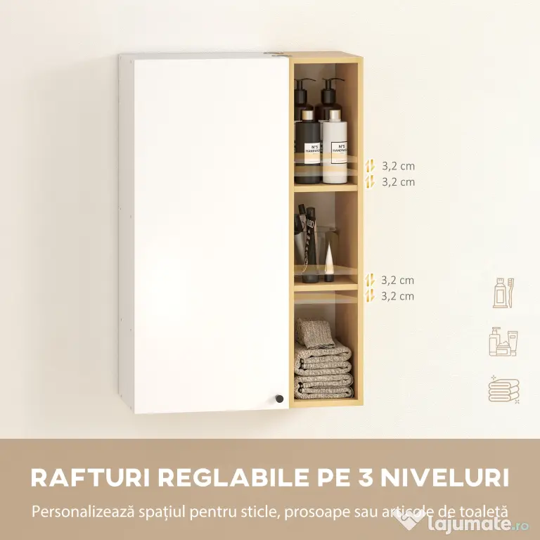HOMCOM Dulap de Baie Suspendat cu Uși Soft Close, Dulap de Baie Suspendat cu Rafturi Reglabile și 3 Rafturi Deschise, 59.5x30x90 cm, Alb și Culoare Lemn | Aosom Romania