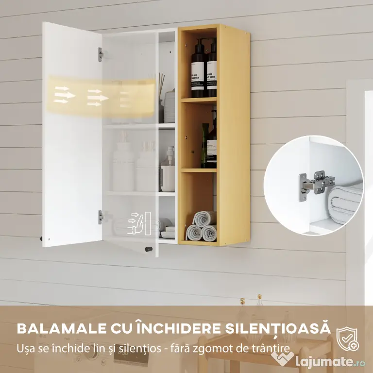 HOMCOM Dulap de Baie Suspendat cu Uși Soft Close, Dulap de Baie Suspendat cu Rafturi Reglabile și 3 Rafturi Deschise, 59.5x30x90 cm, Alb și Culoare Lemn | Aosom Romania