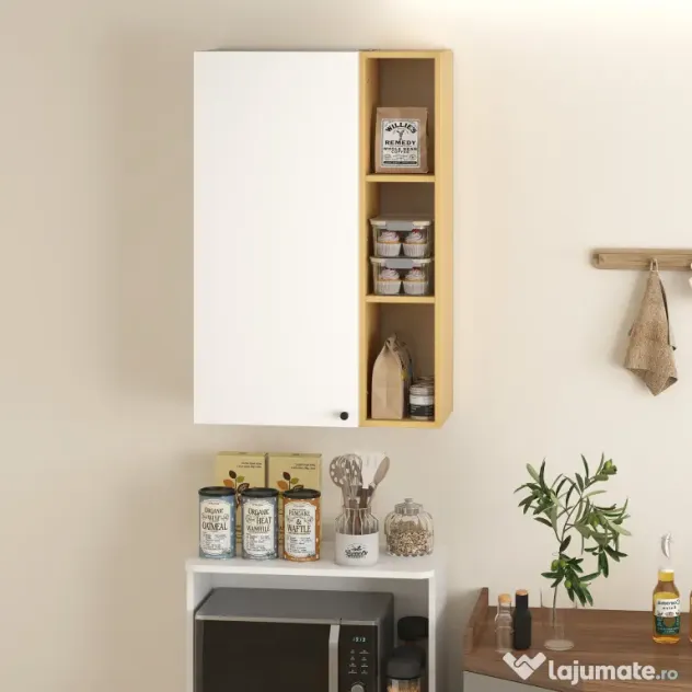 HOMCOM Dulap de Baie Suspendat cu Uși Soft Close, Dulap de Baie Suspendat cu Rafturi Reglabile și 3 Rafturi Deschise, 59.5x30x90 cm, Alb și Culoare Lemn | Aosom Romania