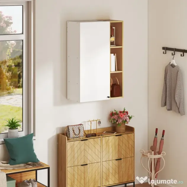 HOMCOM Dulap de Baie Suspendat cu Uși Soft Close, Dulap de Baie Suspendat cu Rafturi Reglabile și 3 Rafturi Deschise, 59.5x30x90 cm, Alb și Culoare Lemn | Aosom Romania