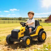 AIYAPLAY Mașină Electrică pentru Copii 3-6 Ani, Licențiată Oficial de CAT, 12V, Control Manual și cu Telecomandă, Galben | Aosom Romania