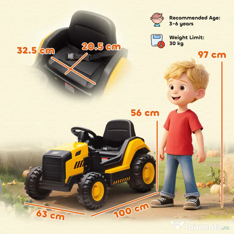 AIYAPLAY Mașină Electrică pentru Copii 3-6 Ani, Licențiată Oficial de CAT, 12V, Control Manual și cu Telecomandă, Galben | Aosom Romania