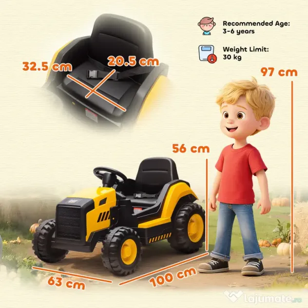 AIYAPLAY Mașină Electrică pentru Copii 3-6 Ani, Licențiată Oficial de CAT, 12V, Control Manual și cu Telecomandă, Galben | Aosom Romania