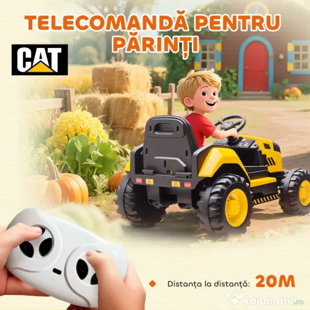 AIYAPLAY Mașină Electrică pentru Copii 3-6 Ani, Licențiată Oficial de CAT, 12V, Control Manual și cu Telecomandă, Galben | Aosom Romania