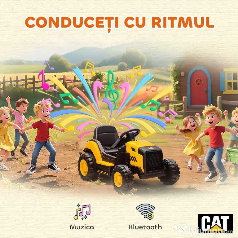 AIYAPLAY Mașină Electrică pentru Copii 3-6 Ani, Licențiată Oficial de CAT, 12V, Control Manual și cu Telecomandă, Galben | Aosom Romania