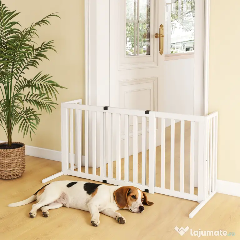 PawHut Poartă pentru Câini Pliabilă de Siguranță Extensibilă 102-183 cm cu 2 Suporturi Detașabile, Panouri Laterale, Poartă din Lemn pentru Câini de Talie Mică și Medie, Barieră Protectoare pentru Scări | Aosom Romania
