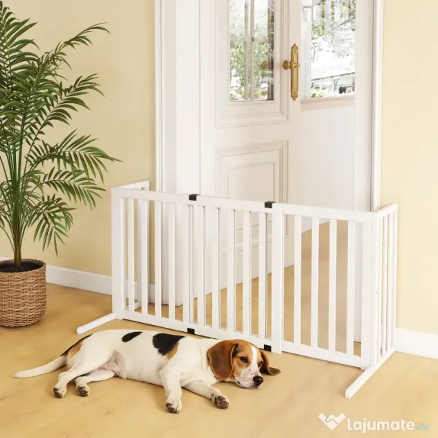 PawHut Poartă pentru Câini Pliabilă de Siguranță Extensibilă 102-183 cm cu 2 Suporturi Detașabile, Panouri Laterale, Poartă din Lemn pentru Câini de Talie Mică și Medie, Barieră Protectoare pentru Scări | Aosom Romania