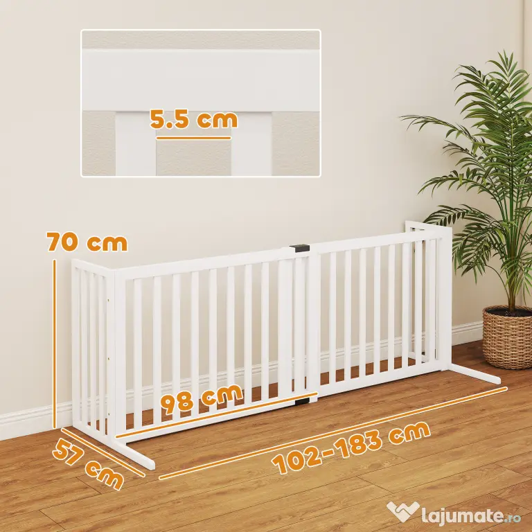 PawHut Poartă pentru Câini Pliabilă de Siguranță Extensibilă 102-183 cm cu 2 Suporturi Detașabile, Panouri Laterale, Poartă din Lemn pentru Câini de Talie Mică și Medie, Barieră Protectoare pentru Scări | Aosom Romania