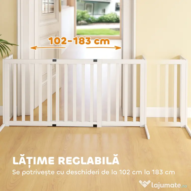 PawHut Poartă pentru Câini Pliabilă de Siguranță Extensibilă 102-183 cm cu 2 Suporturi Detașabile, Panouri Laterale, Poartă din Lemn pentru Câini de Talie Mică și Medie, Barieră Protectoare pentru Scări | Aosom Romania
