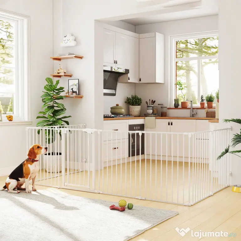 PawHut Gard pentru Câini cu 8 Panouri Modulabile cu Închidere Automată, din Oțel și ABS, 61x3x75 cm, Alb | Aosom Romania