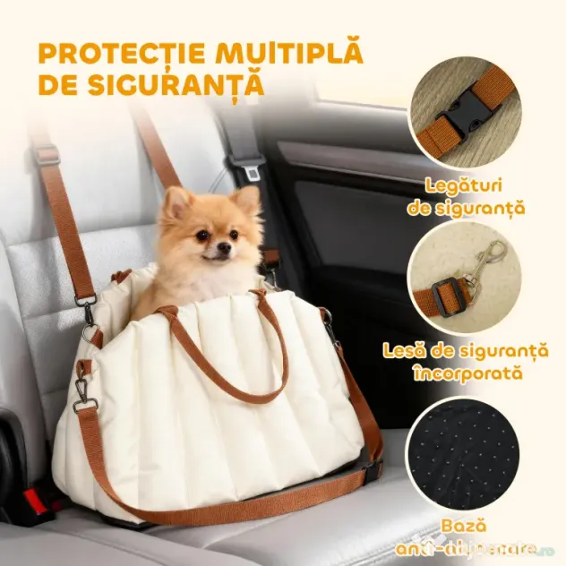 PawHut Scaun Auto pentru Câini Mici cu Lesă și Bază Antiderapantă, Convertibil în Geantă pentru Animale, Crem | Aosom Romania