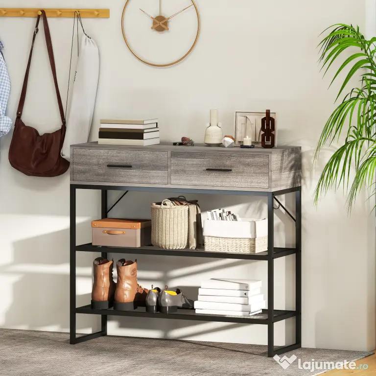 HOMCOM Console Table with 2 Drawers and 2 Mesh Shelves, Hallway Table with Metal Frame for Living Room, Entryway, Light Grey Wood Effect | Aosom Romania