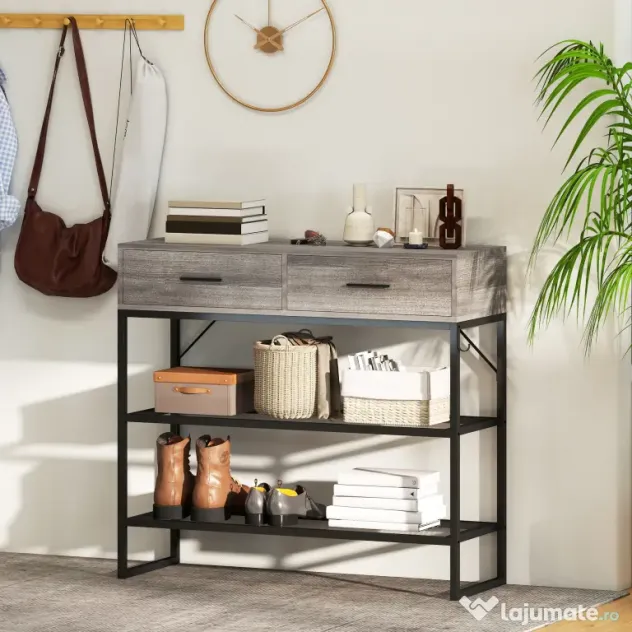 HOMCOM Console Table with 2 Drawers and 2 Mesh Shelves, Hallway Table with Metal Frame for Living Room, Entryway, Light Grey Wood Effect | Aosom Romania