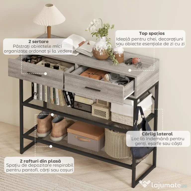 HOMCOM Console Table with 2 Drawers and 2 Mesh Shelves, Hallway Table with Metal Frame for Living Room, Entryway, Light Grey Wood Effect | Aosom Romania