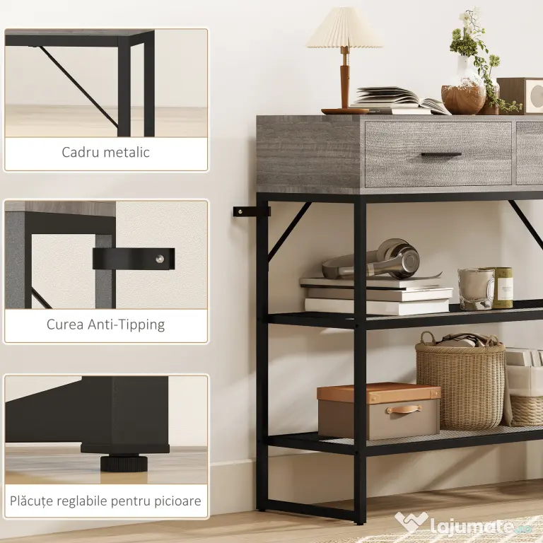 HOMCOM Console Table with 2 Drawers and 2 Mesh Shelves, Hallway Table with Metal Frame for Living Room, Entryway, Light Grey Wood Effect | Aosom Romania