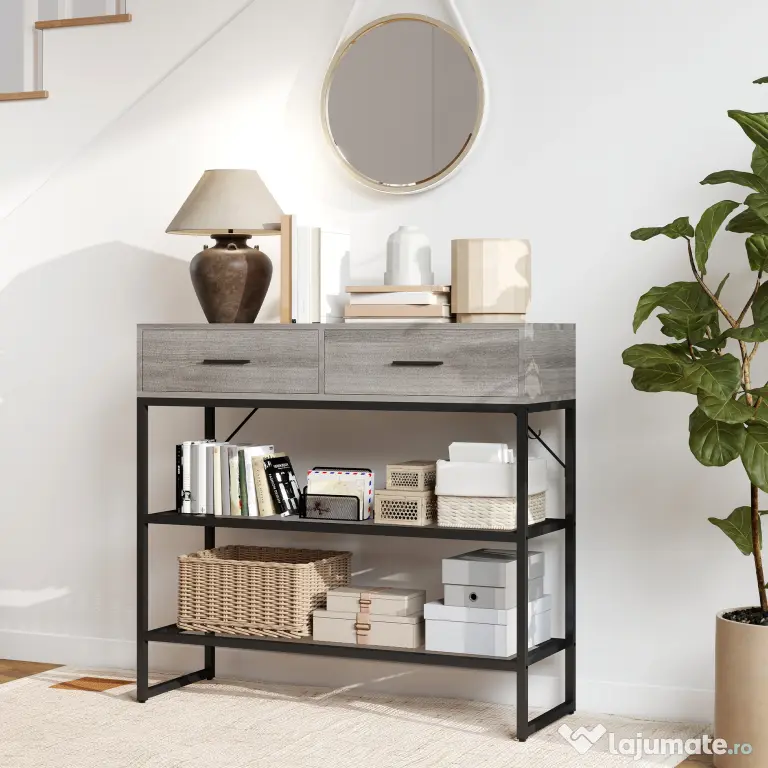 HOMCOM Console Table with 2 Drawers and 2 Mesh Shelves, Hallway Table with Metal Frame for Living Room, Entryway, Light Grey Wood Effect | Aosom Romania